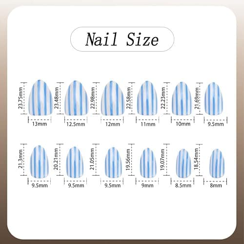 Short Almond Press on Nails Blue White Striped Line Fake Nails Decoration | Glossy Cute Acyrlic False Nails Nature Reusable Full Cover Stick on Nails for Women Manicure 24Pcs thumbnail 6