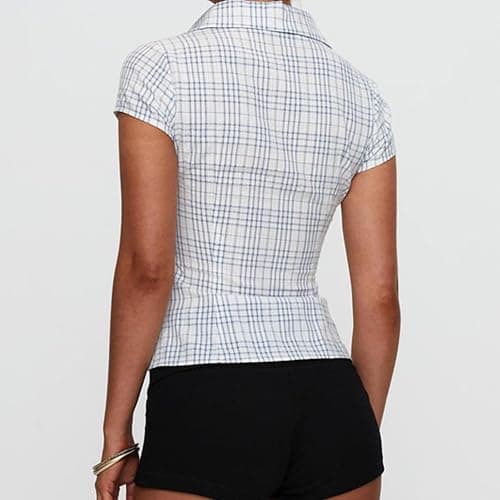 Women Y2k Short Sleeve Button Up Shirt Lapel Collar V Neck Plaid Open Front Blouse Basic Casual Going Out T-Shirt thumbnail 6