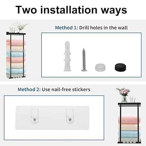 Towel Racks for Bathroom, No Drilling Towel Holder Towel Rack, Towel Storage Wall Mounted, Adjustable Towel Rack Bathroom Storage, Bathroom Towel Shelf for Rolled or Folded Towels, Black thumbnail 6