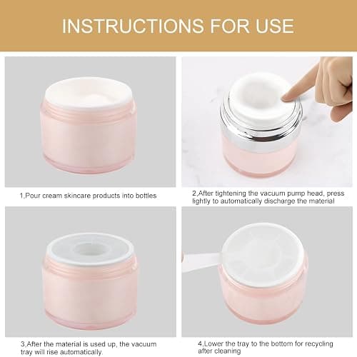 USRommaner 0.5 oz/15 ml Airless Pump Jar,Empty Acrylic Vacuum Jar with Press Pump,Portable Travel Face Cream Lotion Sample Cosmetic Container Pot for Makeup,Essence,Moisturizer,Eye Cream-4 Pack,Pink thumbnail 6