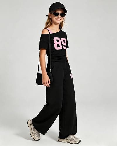 Kxuryueo Teen Girls Clothes Off the Shoulder Top and Wide Leg Pants Matching Outfit Set with Pockets Size 7-16 thumbnail 4
