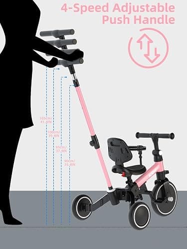 XJD Toddler Bike, 6 in 1 Folding Toddler Tricycle for 1-4 Year Old with Parental Control Handle, Balance Bike with Removable Pedal, Backrest, Adjustable Seat, First Christmas Birthday Gifts (Pink) thumbnail 3