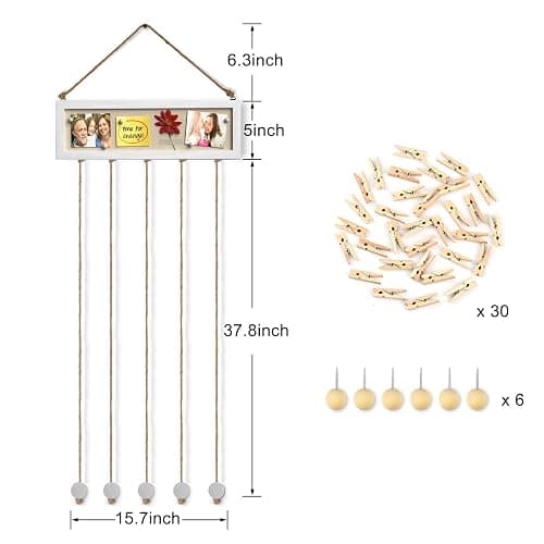 Bikoney Collage Picture Frames Hanging Photo Display Multi Pictures Organizer with Wood Bulletin Board Photo Board 30 Clips and 6 Pushpins for Room Wall Decor (White) thumbnail 3