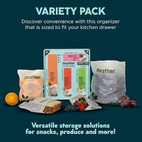 Matter Compostable Assorted Kitchen Bags, 230 Count, Biodegradable, Eco-Friendly Resealable Food Storage Variety Pack, 80 Snack, 80 Sandwich, 50 Quart & 20 Gallon thumbnail 2