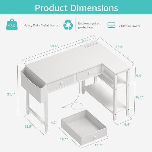 DLisiting Small White L Shaped Desk with Drawers & Storage Shelves, 40 Inch Corner Desk with Power Outlet for Small Space Home Office, Study Work PC Desks for Bedroom thumbnail 3