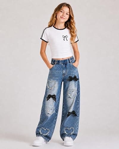 Azmxynol Tween Girl Clothes Short Sleeve Top + Butterfly Design Jeans 2 Pieces Spring Summer Outfit Set, Size 6-14 Years thumbnail 2