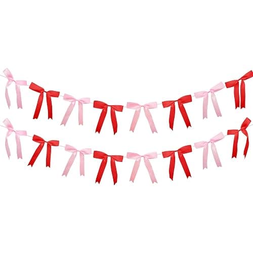 2pcs Pink & Red Bow Garland Banner, Bow Satin Ribbon Decorations for Christmas Valentine Holiday Birthday and Bridal Shower Party Decor (Red & Pink) - Image 1