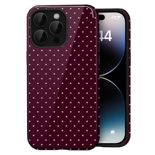 Amzfield for iPhone 14 Pro Cute Polka Dot Phone Case, Burgundy | Polka Dot Phone Case, Summer Aesthetic Design for Women Girls Fall Chic Girly Pretty Dual Layer Hybrid Protection Elegant - Image 1