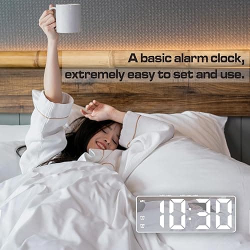 Königswerk Small Digital Alarm Clock, Mirror Surface LED Electronic Clocks with Large Display, Adjustable Brightness and Snooze Model for Bedroom, Desk, Office, White Digit thumbnail 9