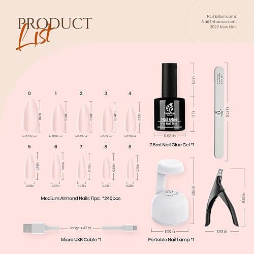 Beetles Gel Nail Kit Almond Nail Tips Easy Nail Extension Set 5 In 1 Nail Glue Gel with 240Pcs Pre shaped Medium Almond Nail Tips & UV Nail Lamp Acrylic Nail Clipper DIY Art Gifts for Her thumbnail 6