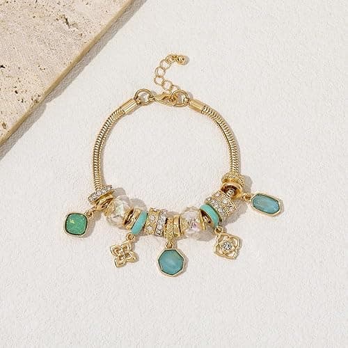 Madison Tyler Charm Bracelet Gold Bracelets for Women Gifts | LOVE Heart Hollow Flower Bow Pink Green Square Gemstone Beaded Charm Bracelet Cute Adjustable Bracelet Jewelry thumbnail 5