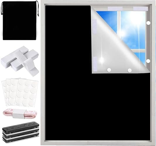 100% Blackout Shades Curtains for Bedroom 57x 79Inch,No Drill,Portable,DIY Cut,Removable,Black Out Blinds Window Cover for Baby Nursery,RV,Media Room,Hook Loop Tape Straps Stickers,Magnetic Clips - Image 1