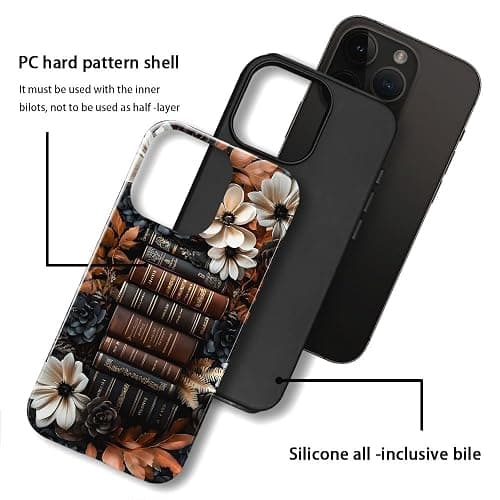Case for iPhone 15 Pro,Vintage Books Dark Flowers Phone Case Slim Silicone Shockproof Cover for Girls Women（Glossy & Durable） thumbnail 3