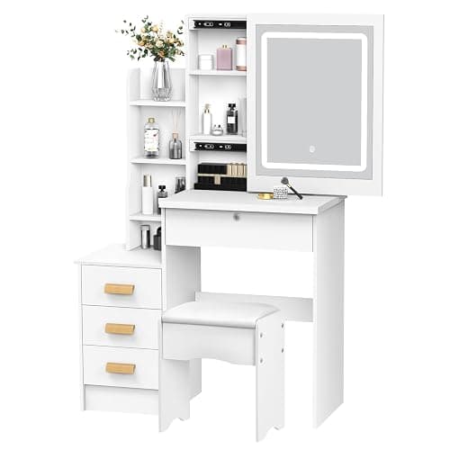 Dressing Table with LED Lights, Vanity Table with Mirror, Makeup Vanity with 4 Open Shelves & 3 Hidden Shelves, 4 Drawers, Stool, Modern Makeup Desk with Sliding Mirror and Lights, White (With LED) thumbnail 4