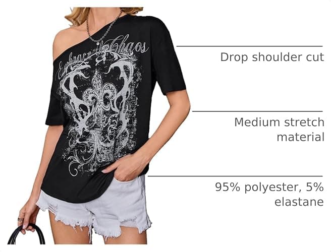 RoseSeek Women's Graphic Tees Grunge Shirts Y2K Clothes Off Shoulder Tops | Baggy Gothic Clothes, Oversized Affliction Shirt, Concert Outfits, Summer Going Out Tops thumbnail 4