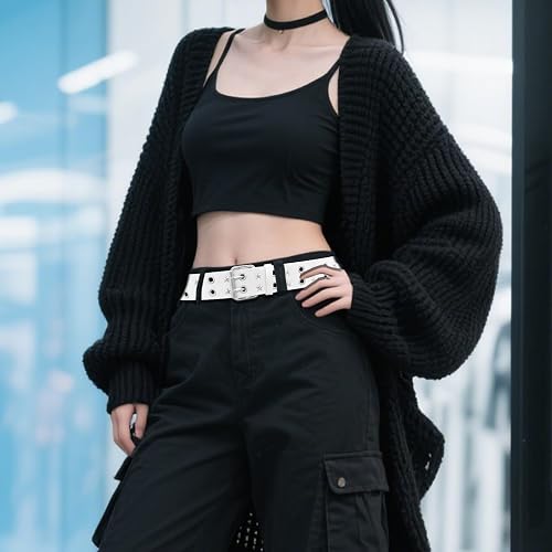 WQYILEAER 3 Pcs Black Studded Belt, Y2K Belt Star Goth EMO Punk Rock Double Grommet with Bright Pyramid Studded for Women Men (Studded Grommet) thumbnail 4