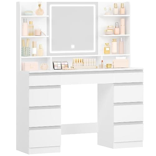 Hzuaneri Large Dressing Table with LED Lighting, 3 Colours, Brightness Control, Dressing Table with Mirror, 9 Drawers, 9 Open Shelves, Modern Style, White/Silver DT41903W thumbnail 9