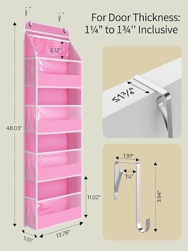Yecaye 5 Tier Over the Door Organizer, Swing-proof Door Organizer Hanging with Clear PVC Windows, Behind the Door Storage for Bedroom Nursery Closet Laundry Pantry Bathroom, Bubblegum Pink thumbnail 3