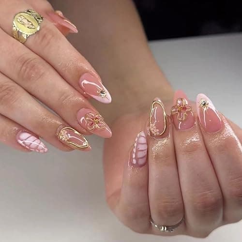 Mrltau 24 Pcs Faux Ongles Pression Printemps Court, Couleur Chair Rose, Faux Ongles avec Décoration Fleur 3D Perles, Pointe Française Pleine Couverture - Image 1