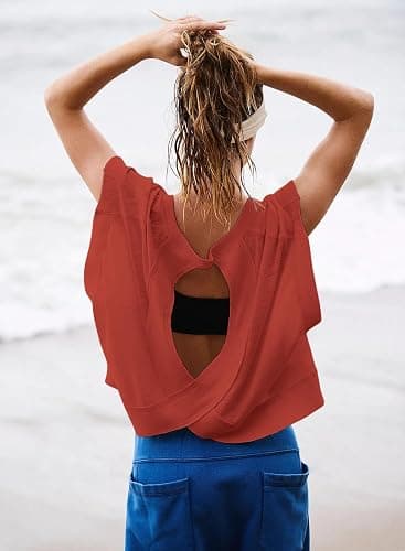 Kumufenc Women Short Sleeve Workout Shirts Open Back Tops Casual Yoga Y2k Athletic Gym Slouchy Crop Running Tees thumbnail 5