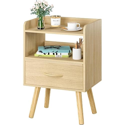 Yoobure Modern Nightstand with Fabric Drawer, Bedside Tables, Mid Century Nightstand with Open Storage Shelf, Wood Bedside Table, Small Night Stands for Bedrooms, 2-Tier Night Table - Image 1