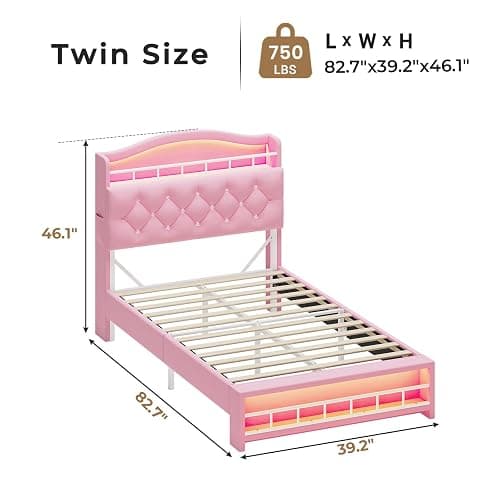 HAUOMS Twin Size Bed Frame with LED Lights, Princess Velvet Upholstered Platform Bed for Girls, Headboard with Charging Station & Guardrail & Crystal Button, No Box Spring Needed, Pink thumbnail 2