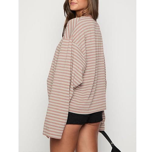 KOSUSANILL Women Oversized Striped Long Sleeve Shirt Crewneck Cropped Tops Drop Shoulder Y2K Preppy Sweatshirt Fall Clothes thumbnail 4