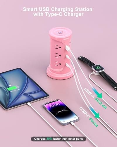 Tower Power Strip Surge Protector with 12 Outlets 3 USB Ports(2 Type C), 6.5 FT Ultra Flat Extension Cord with Multiple Outlets, Flat Plug Outlet Extender with Screw Wall Mount for Home Office Dorm thumbnail 3