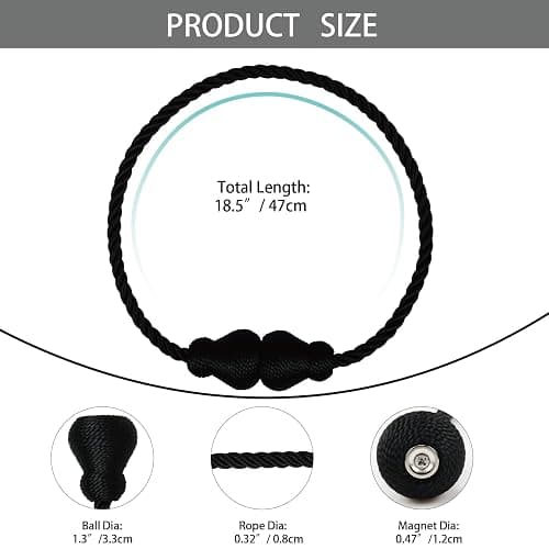 Nieffeiy Magnetic Curtain Tiebacks Outdoor Curtain Tie Backs Rope Decorative Magnetic Curtain Holders for Drapes Window Treatment Holdbacks, Black 2Pack thumbnail 2