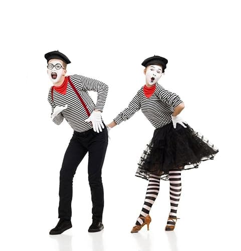 5 Pcs Mime Artist Costume Accessories Set Women French Mime Cosplay Outfit Includes Black Beret Red Suspender Scarf White Gloves and Black White Stripe Socks for Halloween Theme Party Dress up Decor thumbnail 5