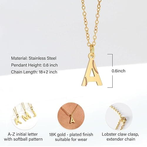 Softball Initial Necklace for Women, 18K Gold Plated, A-Z Letter Pendant | Softball Jewelry, Sports Accessories, Christmas Gift for Girlfriend Daughter thumbnail 3