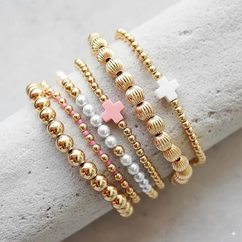 Gold Cross Beaded Charm Bracelets for Women Bracelet Stack Pearl Trendy Non Tarnish Dainty Boho Preppy Bracelets Jewelry Gift Accessories thumbnail 2