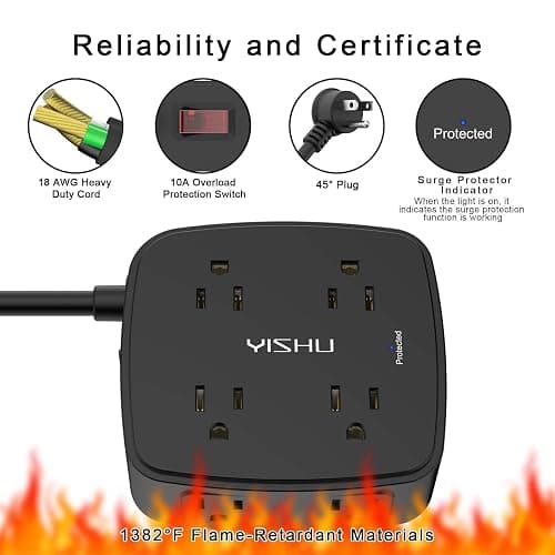 6 Ft Surge Protector Power Strip - 8 Widely Outlets with 4 USB Ports, 3 Side Outlet Extender with 6 Feet Extension Cord, Flat Plug, Wall Mount, Desk USB Charging Station, ETL,Black thumbnail 6