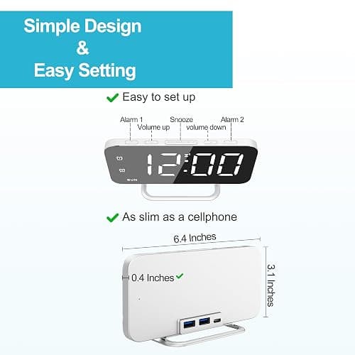 Slim LED Digital Alarm Clock, Mirror Surface for Makeup, with Diming, Large Display, Easy Setting, USB Ports, Modern Decor for Bedroom, Desk, Christmas, Birthday Gift for Women, Daughter, Girl, White thumbnail 2