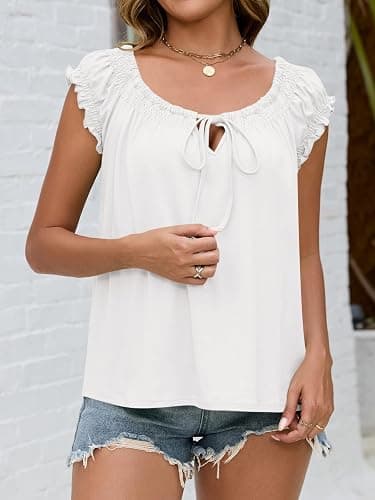Womens Summer Babydoll Flowy Peplum Tops Cute Cap Ruffle Sleeve Blouse | Scoop Neck Tie Front Tank Top Boho Peasant Blouses Going Out Dressy Pleated Shirts thumbnail 4