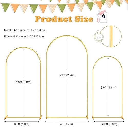 DDMY Arch Backdrop Stand, Gold Metal Balloon Arch Stand Set of 3 (7.2FT/6.6FT/6FT) for Wedding Ceremony Birthday Party Baby Shower Graduation Ceremony Photo Backdrop Other Occasions Decoration - Arch Stand (7.2FT/6.6FT/6FT) thumbnail 2