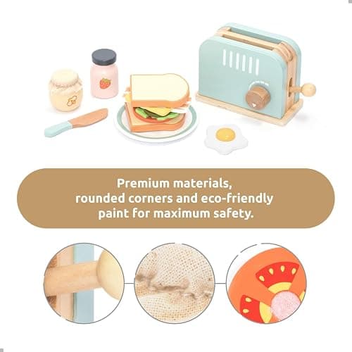 UMU® Wooden Toaster & Sandwich Set for Kids – 14-Piece Pretend Play Kitchen Toy with Real Pop-Up Toaster, Butter, Knife & Accessories – Wooden Kitchen Playset for Boys and Girls Ages 3–6 thumbnail 3
