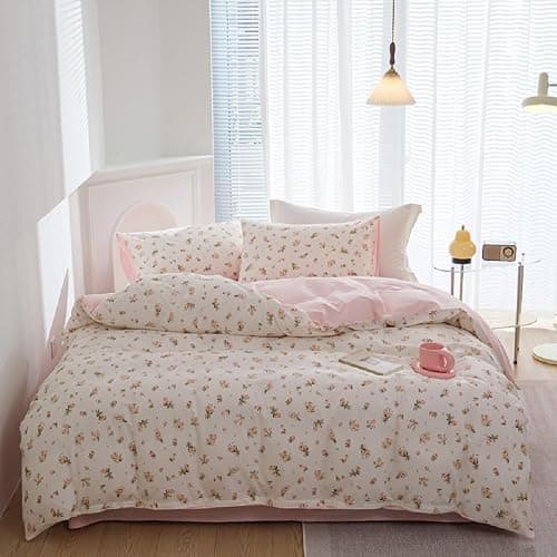 Erwinmu Floral Duvet Cover Set Twin Size,White Pink Floral Flowers Bedding Duvet Cover with Zipper Closure,Soft Microfiber Comforter Cover and 1 Pillowcase thumbnail 6