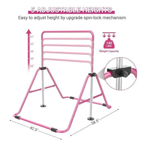 Nimsqury Foldable Gymnastics Bar, 5-Height Adjustable Gymnastic Bars for Kids at Home,Robust & Stable for Indoor/Outdoor Using,Weight Limit 140LBS thumbnail 2