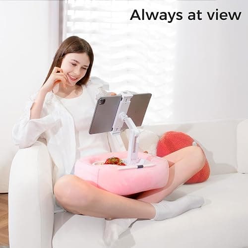 TabHolderix Tablet Pillow Stand, Adjustable Kindle Holder with 2 Snack Bowls, 360° Adjustable iPad Stand for Bed with 4.7''-13'' iPad, Kindle, Phone, Gift for Reading Accessories on Bed, Sofa, Pink thumbnail 8
