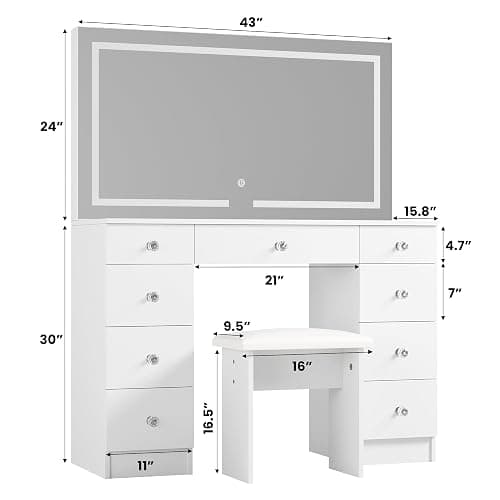 SMOOL Vanity with Mirror and Lights - Vanity Desk with Power Outlet and 9 Drawers, 3 Color Lighting Modes, Adjustable Brightness, Makeup Vanity with Soft Cushioned Stool for Bedroom, White 43Inches thumbnail 2