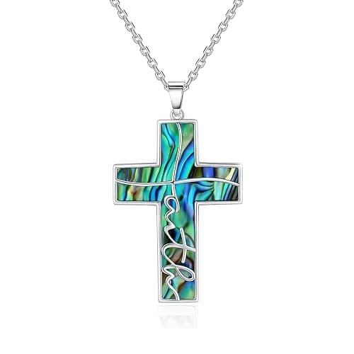 TUNGSTORY Abalone Shell Cross Necklace - 925 Sterling Silver American Flag/Tree of Life/Celtic Knot/Claddagh/Geometric/Faith Necklaces for Women Religious Cross Pendant Necklaces - Image 1