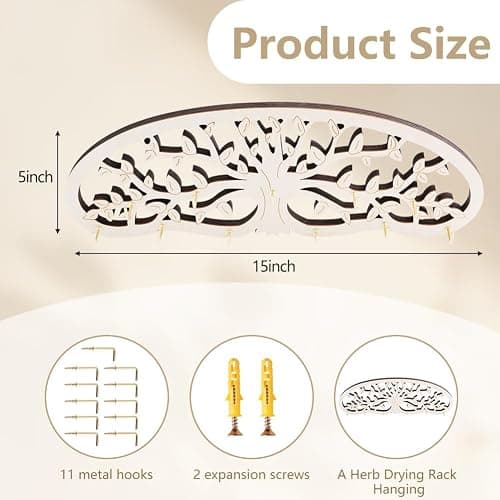 Herb Drying Rack Hanging - Tree of Life Design Wall Decor with 11 Hooks for Kitchen, Garden | Saving Space Herb & Flower Dryer, Gift for Gardeners, Crafters, Kitchen Witches thumbnail 3