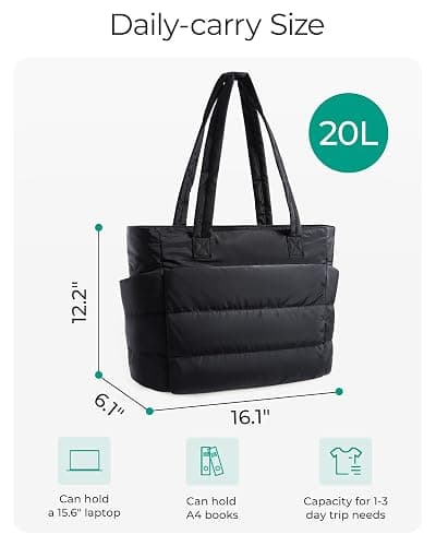 BAGSMART Tote Bag for Women, Lightweight Puffy Tote Bag with Compartments Quilted Shoulder Bag Handbag for Travel, Work, Gym - Standard Size - A-black-standard Size thumbnail 2