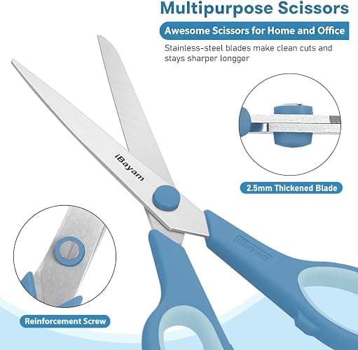 iBayam 8.5 Inch Scissors All Purpose Heavy Duty 3 Pack, 2.5mm Thick Ultra Sharp Blade Comfort-Grip for Office Classroom School Cardboard Craft Desk, Left/Right Handed, Cute Pastel Pink Blue Green thumbnail 4