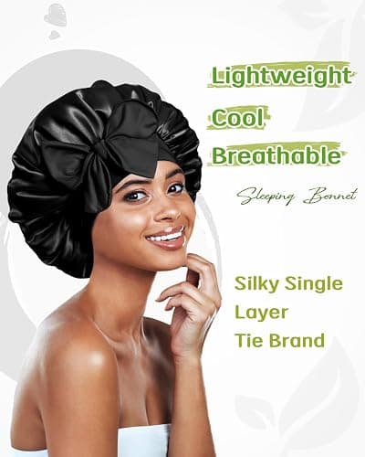 BONNET QUEEN Silk Bonnet for Sleeping Women Satin Bonnet Night Sleep Cap Scarf Wrap for Curly Hair with Tie Band,Black thumbnail 2