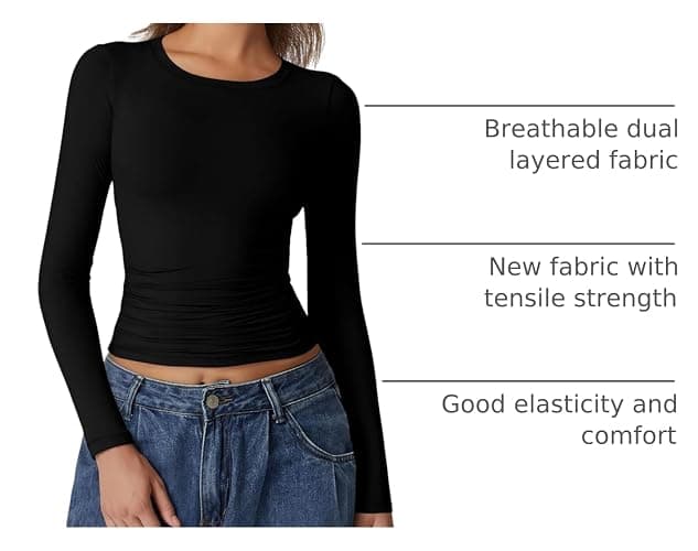 QINSEN Womens Crewneck Long Sleeve Shirt Double Lined Basic Tees Side Ruched Going Out Crop Tops thumbnail 4