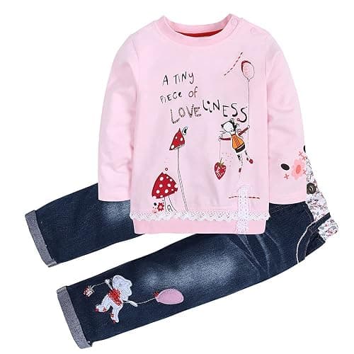 LUKYCILD Toddler Girl Clothes Baby Girl Long Sleeve Top + Jeans Pants with Pockets 2 Piece Outfit Cartoon Clothing Set thumbnail 5