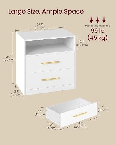 VASAGLE 23.6 Nightstands, LED Lights, Charging Station, 2 Drawers | Bedside Table, End Table for Bedroom, 23.6 x 13.8 x 24.1 inch, Cloud White, CUSTOS Collection ULET639WB01S thumbnail 3