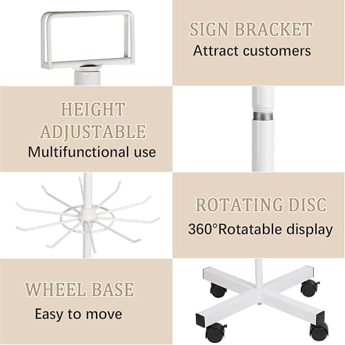 Exttlliy 5-Tier Metal Spinning Display Stand Rack with Wheels, Keychain Jewelry Stocking Hat Display Stand, White thumbnail 4